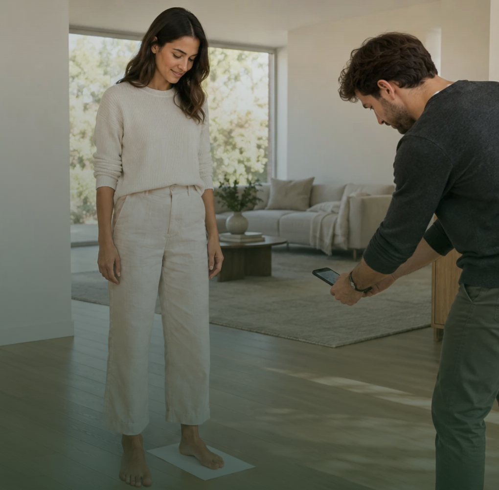 A customer measuring their feet using a mobile phone